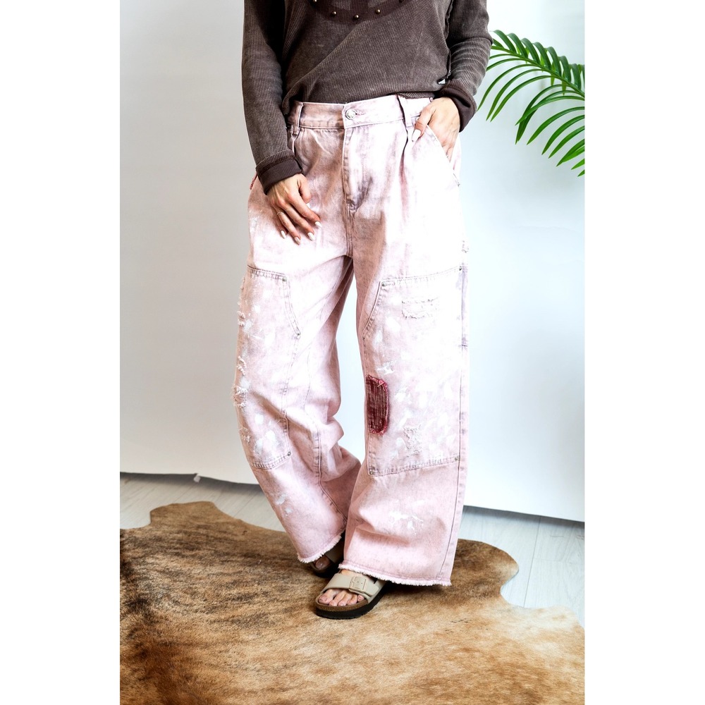 186. POL Oversize Size 10-12 Pink Acid Wash Jeans Distressed Paint Wide Leg M - Picture 2 of 11
